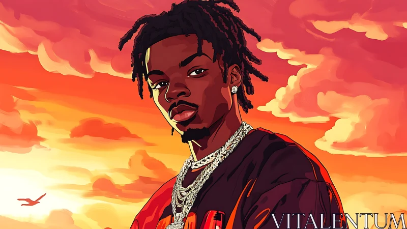 Bold digital portrait of man under vivid orange sky.