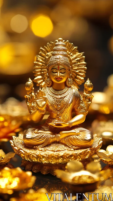 Radiant golden goddess idol bathed in devotional bokeh light.