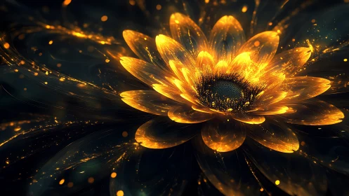 Luminous golden fractal flower with radiating particle aura.