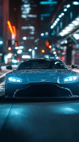 Low-angle frontal view of blue sports car under neon city lights
