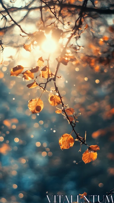 Golden autumn leaves drifting through soft morning light.