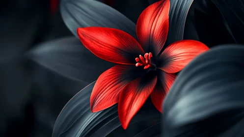 Vermillion Five-Petaled Bloom with Radial Stamen Configuration.