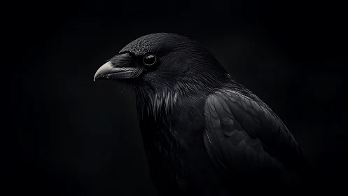 Dramatic close-up of a raven in dark, moody lighting style.