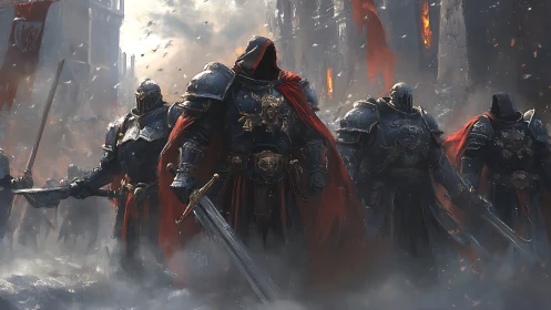 Hooded war knights advance through burning fortress streets.