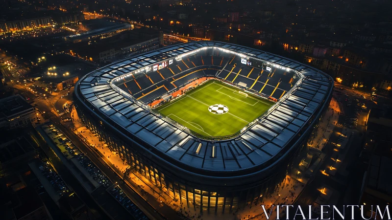 Illuminated football stadium captured from high aerial view