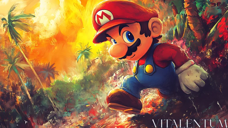 Mario style character runs through bright jungle landscape.