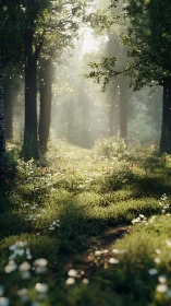 Luminous Forest Glade with Bokeh Light Diffusion and Floral Understory.