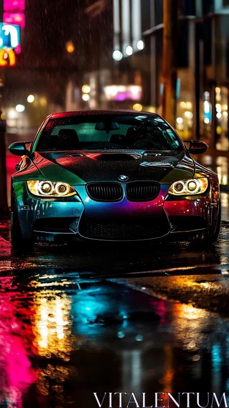 Midnight BMW coupe on neon soaked city street.
