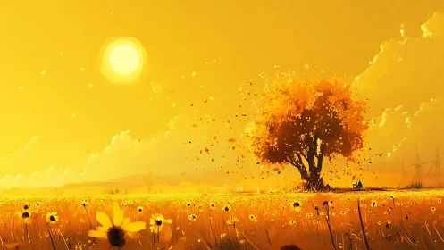 Golden sunflower field with autumn tree under radiant sun.