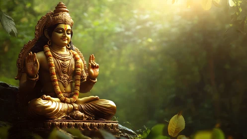 Golden meditating deity statue sits in forest clearing