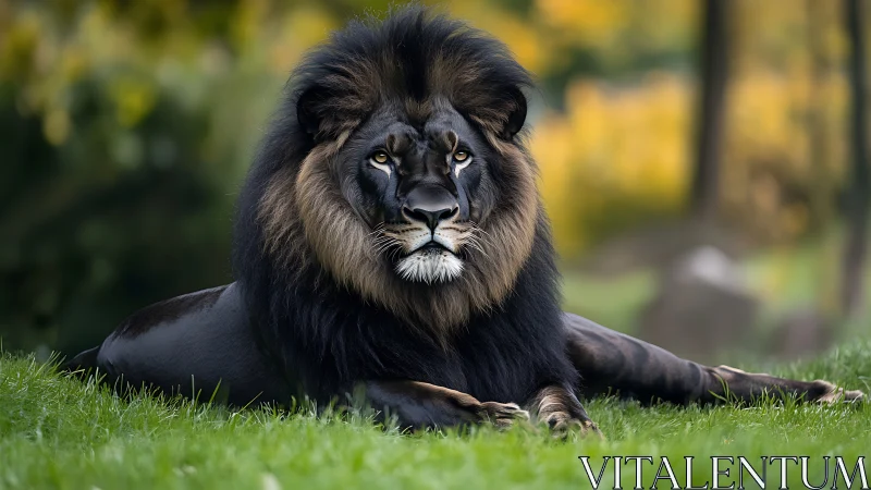 Black-maned male lion lies on grass in shallow depth of field