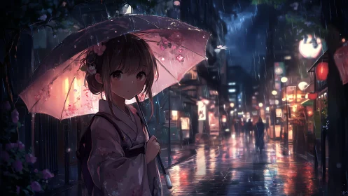 Girl in yukata walks through a rainlit neon night street