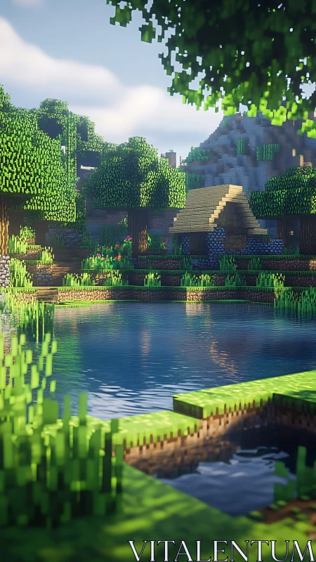 Minecraft style blocky lake scene with trees and cottage.