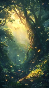 Illuminated forest pathway with golden light filtering through tree canopy.