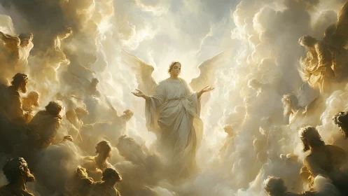 Luminous angelic ascension amid volumetric celestial cloudfields.
