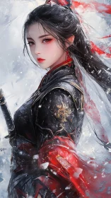 Snowbound warrior gazes softly while crimson robes swirl