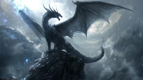 Winged dragon on rocky peak in misty mountainous landscape.