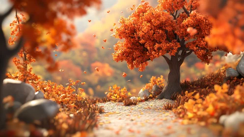 Autumn forest path with orange trees in soft focus light.