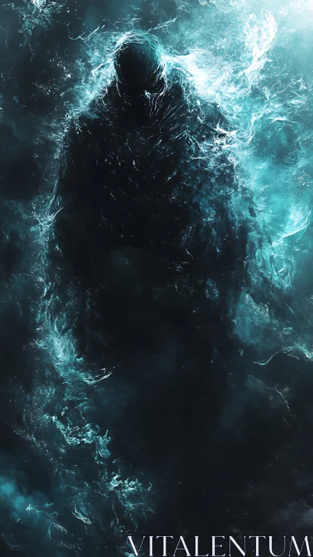 Shrouded water wraith emerging from swirling teal void.