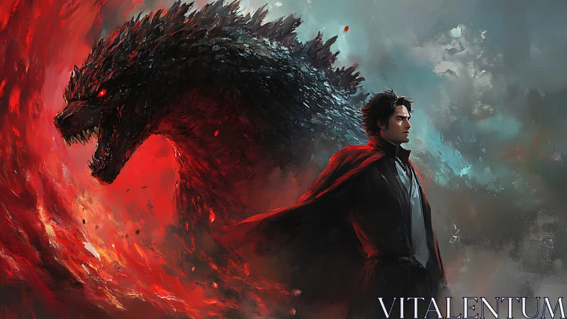 Man in red cloak stands before colossal roaring kaiju.