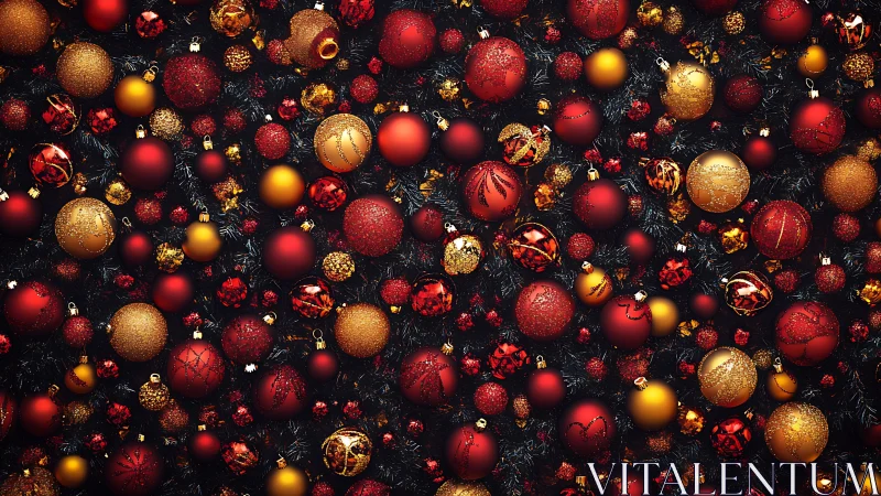 Festive red and gold baubles scattered in rich holiday pattern.