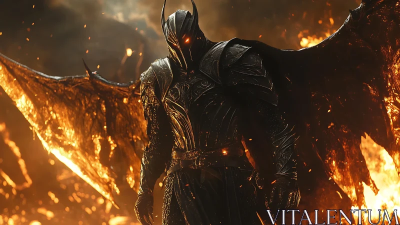 Armored demon lord emerges from firelit infernal battleground.