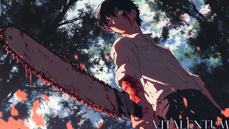 Bloodstained youth holding chainsaw in wooded setting.