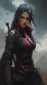 Fierce rogue heroine standing bold in stormy twilight.