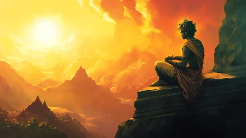 Solitary monk contemplates a radiant, mythic sunrise valley