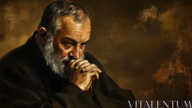 Elderly man in deep thought with hands clasped in prayer.