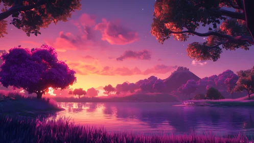 Vibrant purple forest lake at sunset with distant hill.