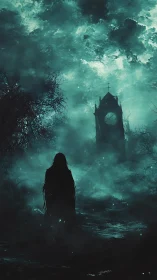 Hooded wraith crossing misty graveyard toward ruined chapel.