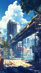 Skyrails and palm shadows in a sunlit eco-megacity street.