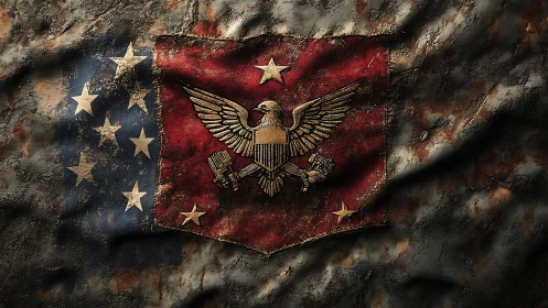 Weathered eagle emblem flag shows worn patriotic insignia