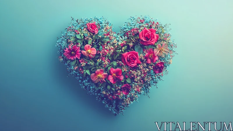 Heart-Shaped Floral Burst Composition on Turquoise Background.