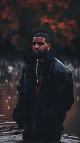 Portrait captures solitary man in rainlit autumn shallows