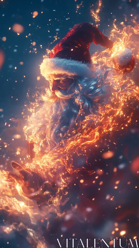 Santa figure rendered in swirling stylized flames and sparks
