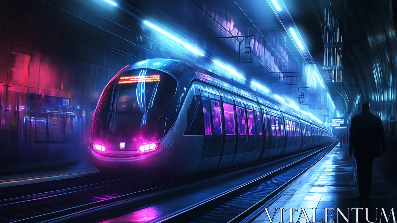 Futuristic metro train in neon lit underground station.