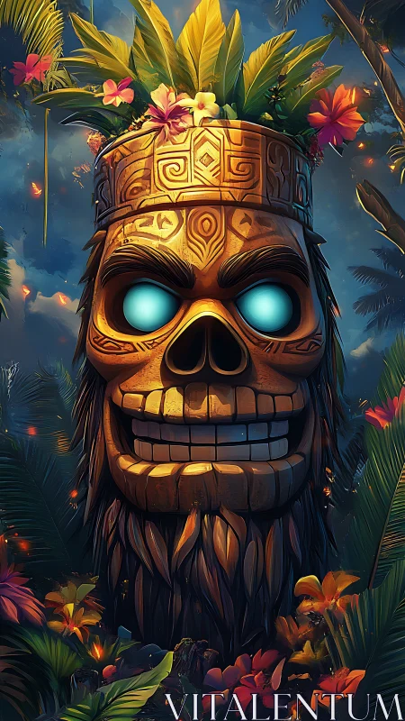 Tiki skull totem with glowing eyes in lush jungle scene.