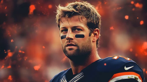 Gridiron quarterback portrait with bokeh ember backdrop.