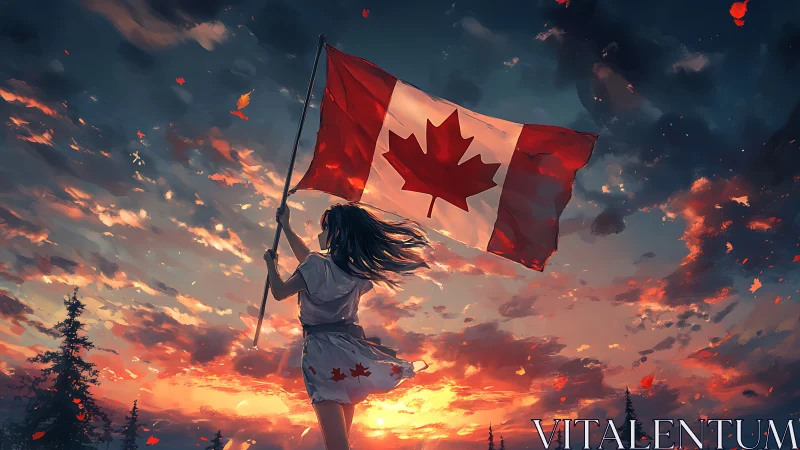 Figure holds Canadian flag against digitally rendered sunset sky
