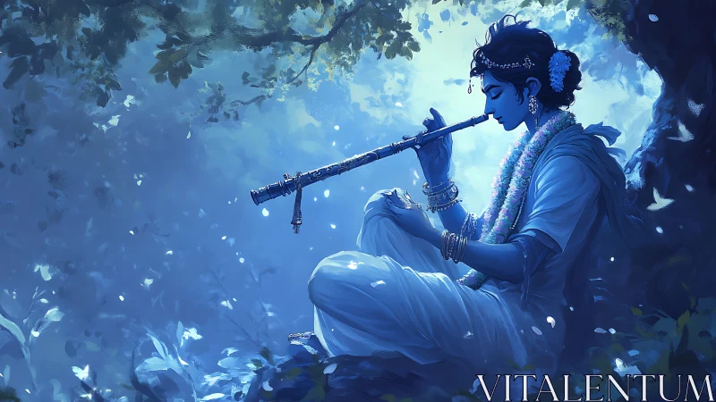Moonlit flute songs drift through a sapphire forest hush