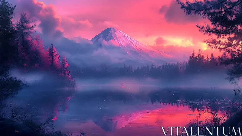 Snowy mountain rises over misty lake under vivid sunset