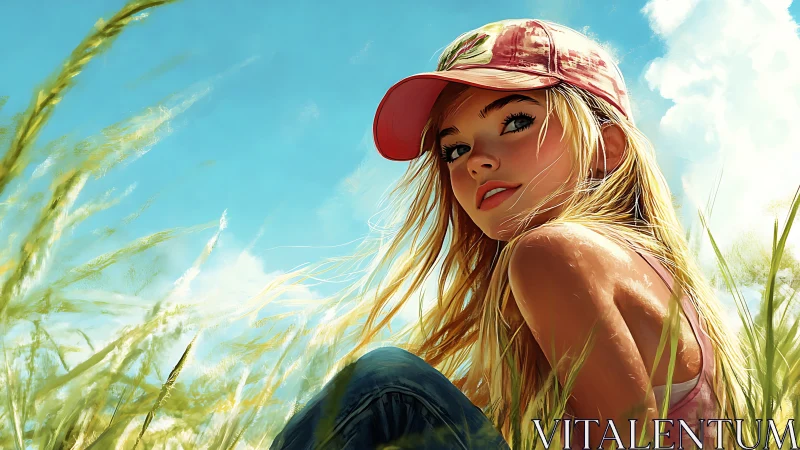 Sunlit girl in pink cap gazes back across summer field.