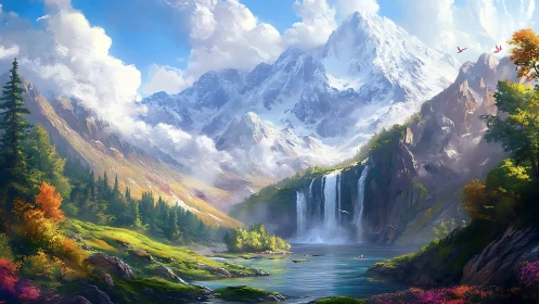 Skybright peaks and whispering waterfalls in painted valley.