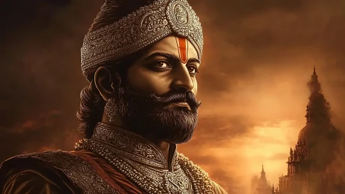 Regal warrior portrait with jeweled turban against temple skyline