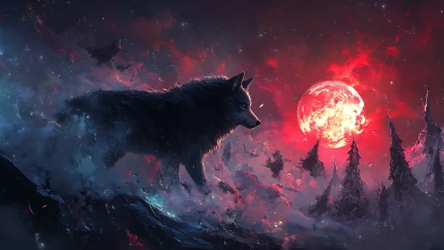 Lone wolf crossing misty ridge under blazing red moon.