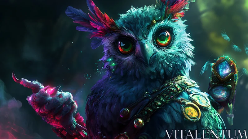 Mystic jewel-clad owl gazes through neon enchanted forest