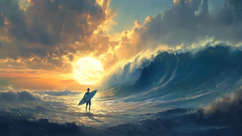 Backlit surfer studies towering translucent wave under radiant sun