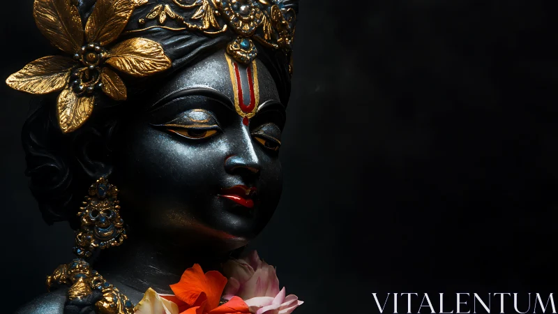 Close-up of ornate dark stone deity statue with flowers.